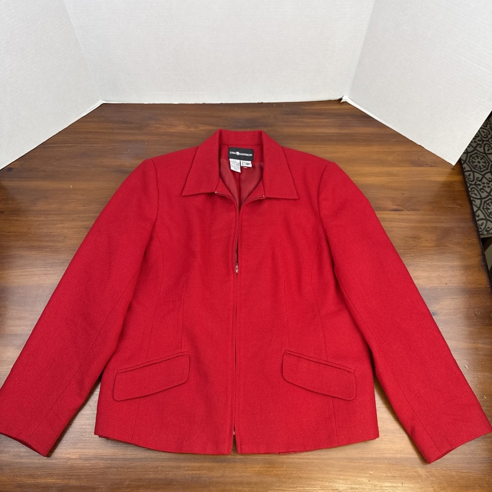 Vintage Sag Harbor‎ Red 100% Wool Blazer Jacket Polyester Lining Size 14